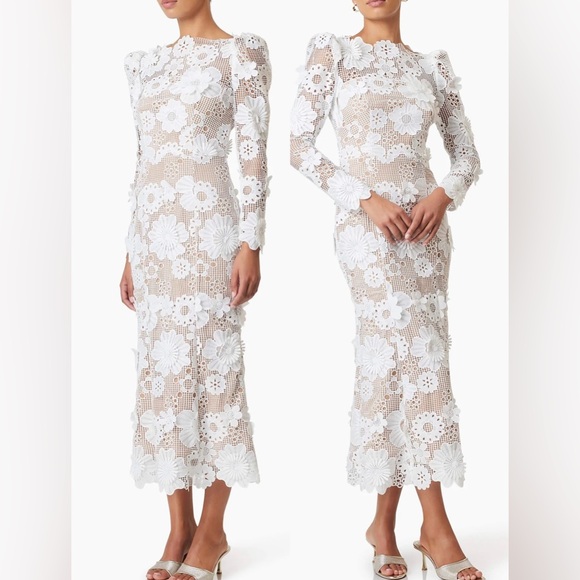 NEW Elliatt NEW Autumn White 3D Floral Lace Long Sleeve Midi Dress Sz M - Picture 2 of 7